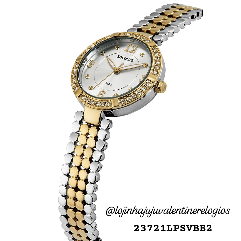 Relógio Feminino Cristais Prata e Dourado Referência: 23721LPSVBB2