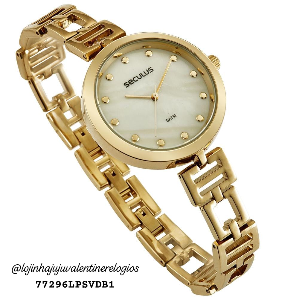 Relogio Seculus feminino dourado banhado pulseira elos Madrepérola Corrente 77296LPSVDB1