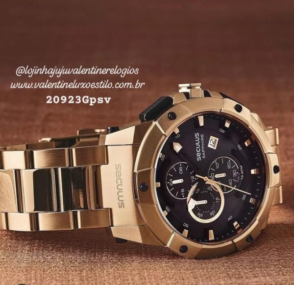 Relógio Masculino Seculus Sapphire Dourado À Prova D'Água 100M 20923Gpsvda2