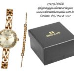 Kit Relógio Feminino Vintage Dourado Com Pulseira Cristais Referência: 77275LPSKDB1K1