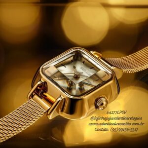 Relógio Seculus Analógico Vidro Facetado Dourado malha aço Referência: 44277LPSVDS2