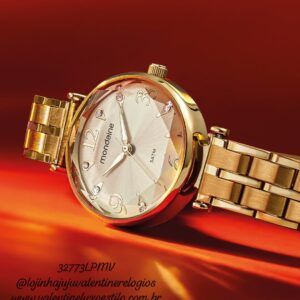 Relógio Feminino Cristais Vidro Facetado Dourado Referência: 32773LPMVDE1